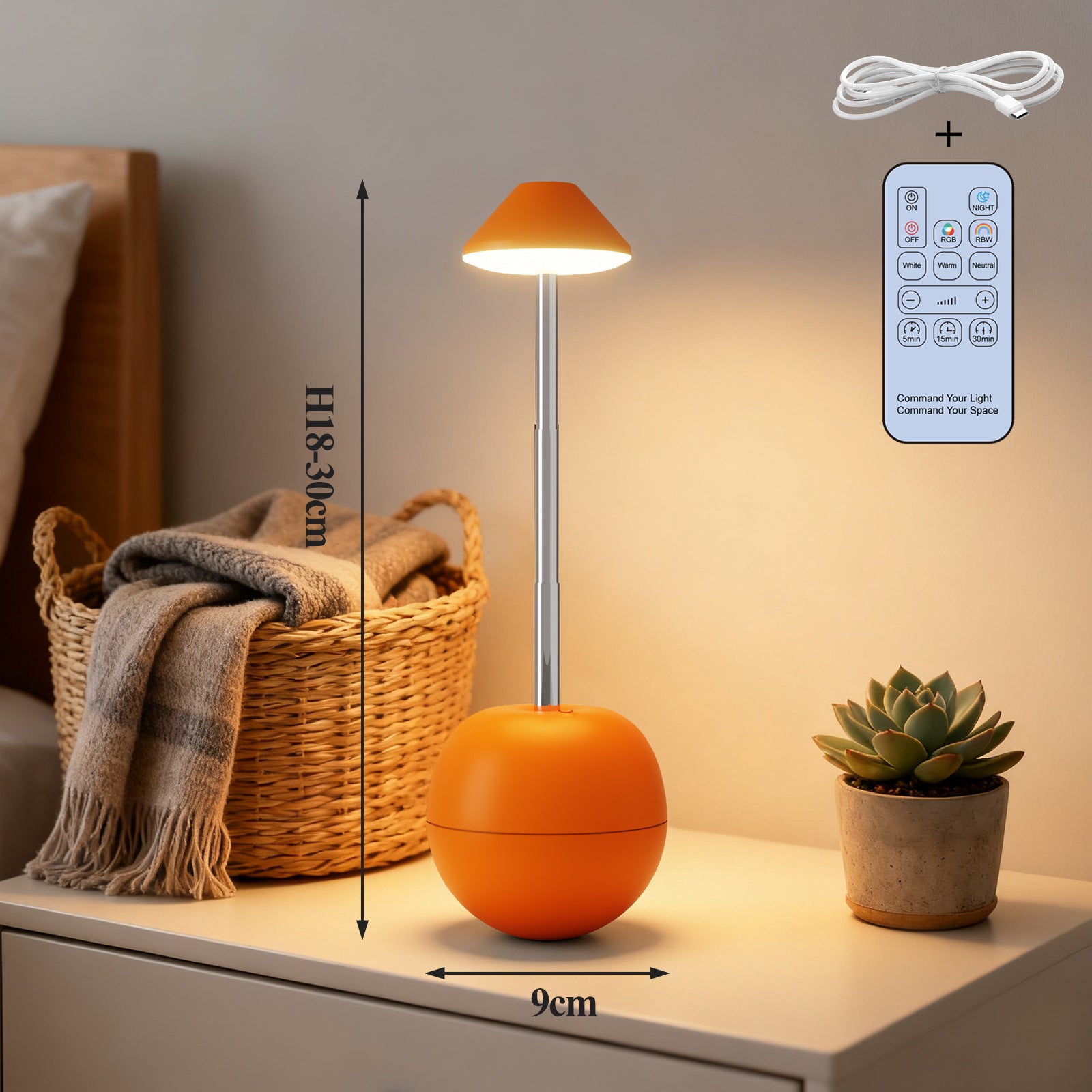 Orange Creative Tumbler LED Night Light - Rechargeable RGB Desk Lamp with Remote Control - Height Adjustable, Brightness Adjustable, Bedside Ambient Light