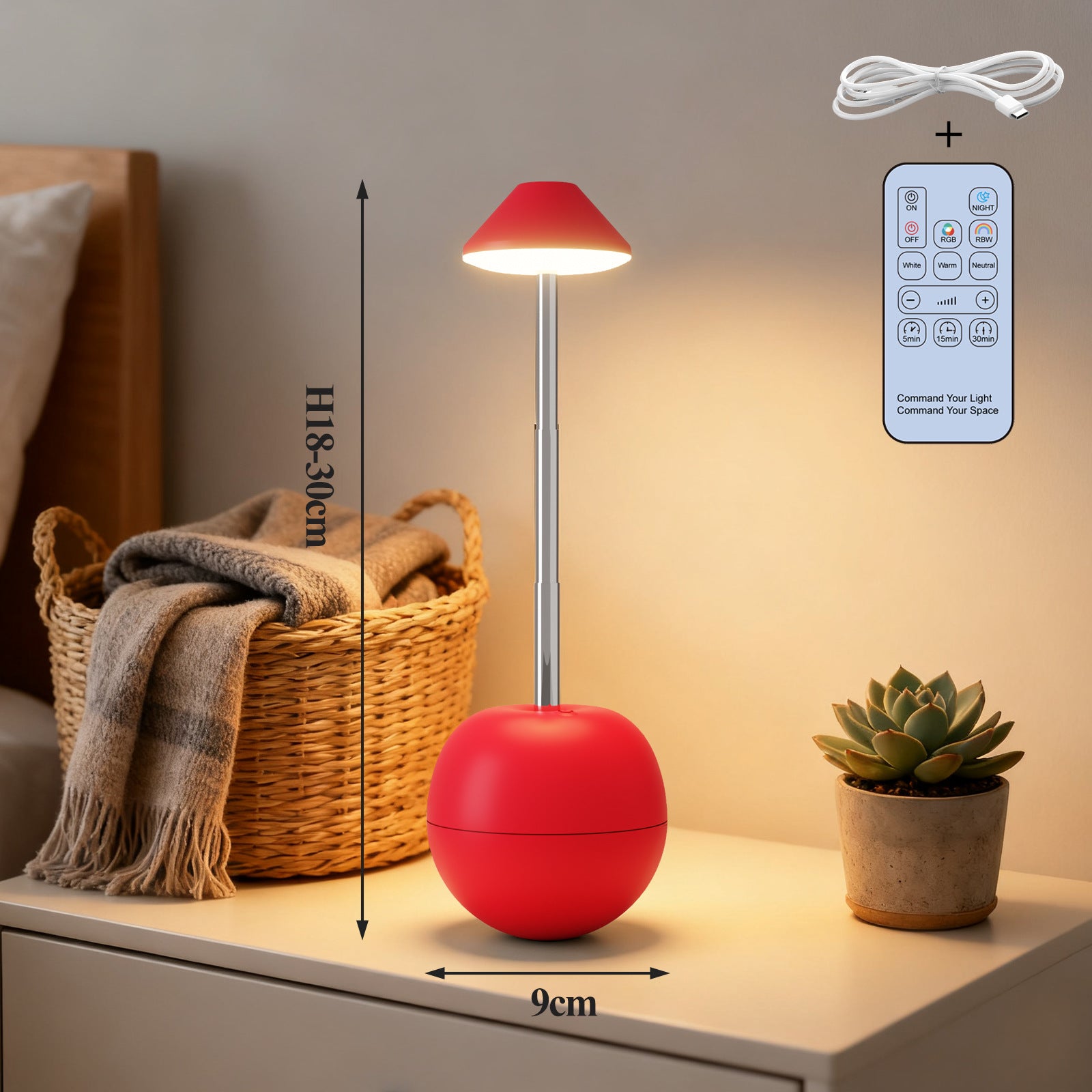 Red Creative Tumbler LED Night Light - Rechargeable RGB Desk Lamp with Remote Control - Height Adjustable, Brightness Adjustable, Bedside Ambient Light