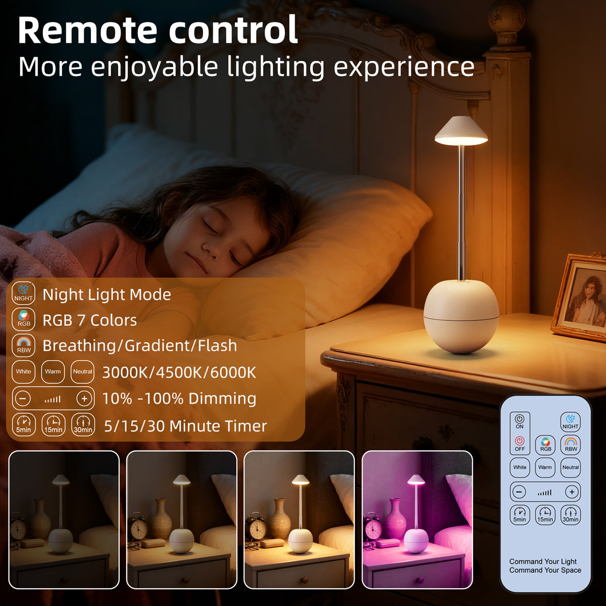 Red Creative Tumbler LED Night Light - Rechargeable RGB Desk Lamp with Remote Control - Height Adjustable, Brightness Adjustable, Bedside Ambient Light