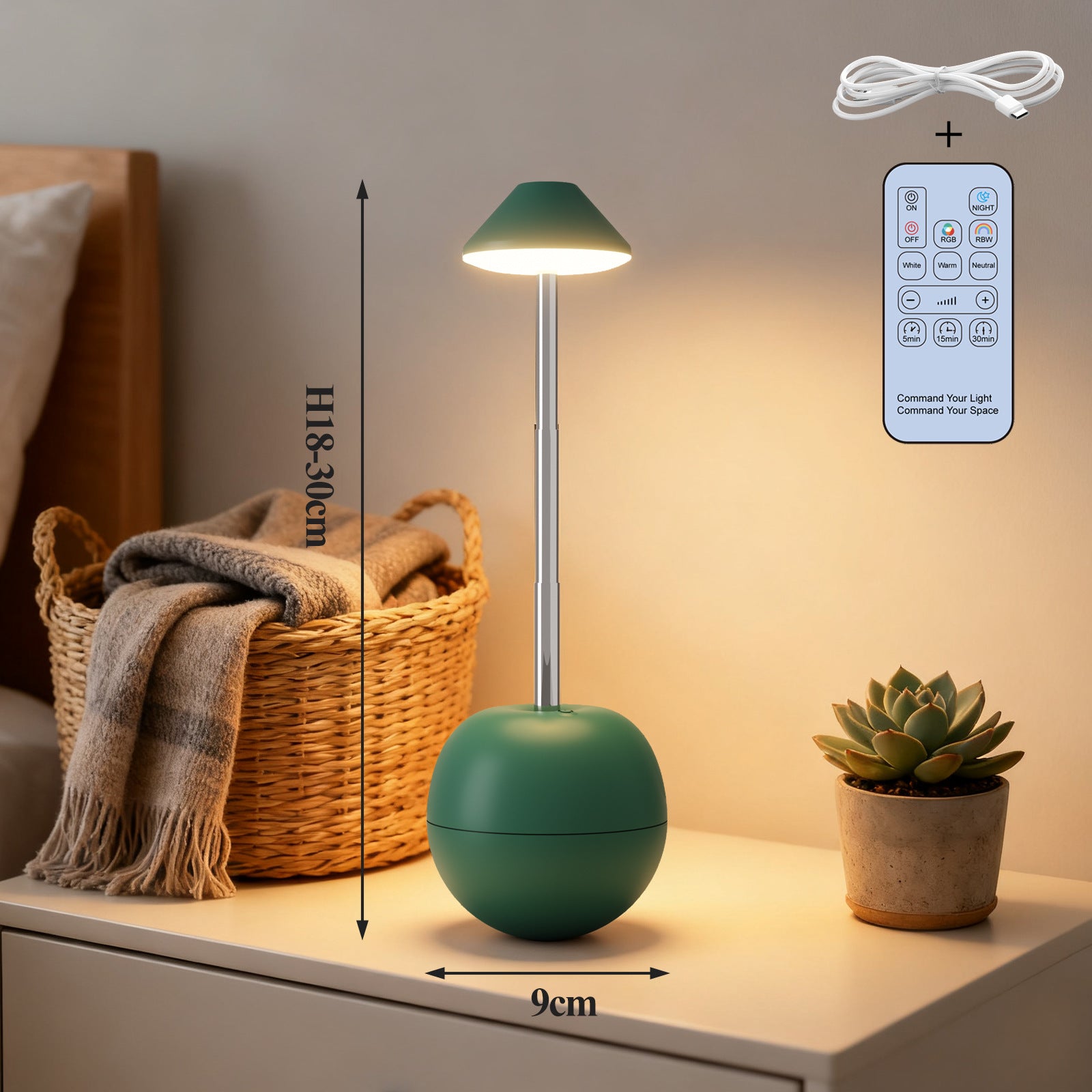 Green Creative Tumbler LED Night Light - Rechargeable RGB Desk Lamp with Remote Control - Height Adjustable, Brightness Adjustable, Bedside Ambient Light