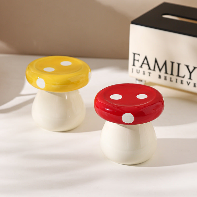 Red Stylish Mushroom Ceramic Toothpick Holder and Cotton Swab Jar for Home Kitchen Table Decor(Excluding cotton swabs, dental floss, etc.)