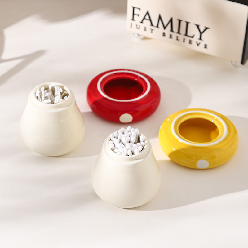 Yellow Stylish Mushroom Ceramic Toothpick Holder and Cotton Swab Jar for Home Kitchen Table Decor(Excluding cotton swabs, dental floss, etc.)