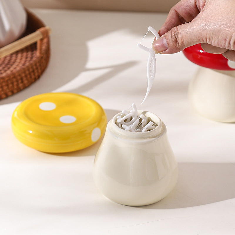 Yellow Stylish Mushroom Ceramic Toothpick Holder and Cotton Swab Jar for Home Kitchen Table Decor(Excluding cotton swabs, dental floss, etc.)