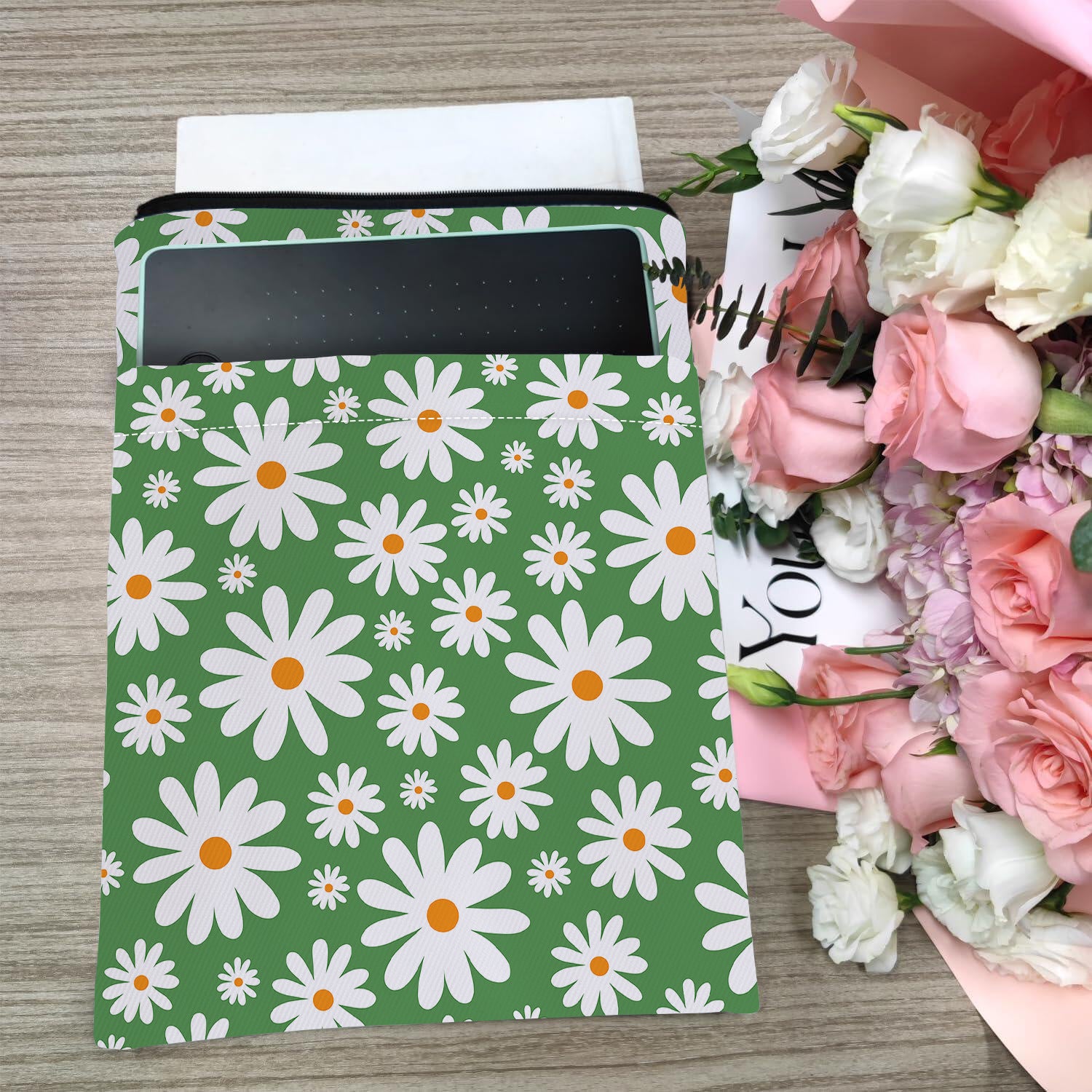Green Floral pattern book cover with zippered pocket - Lightweight polyester book cover, suitable for books and tablets(BS001)