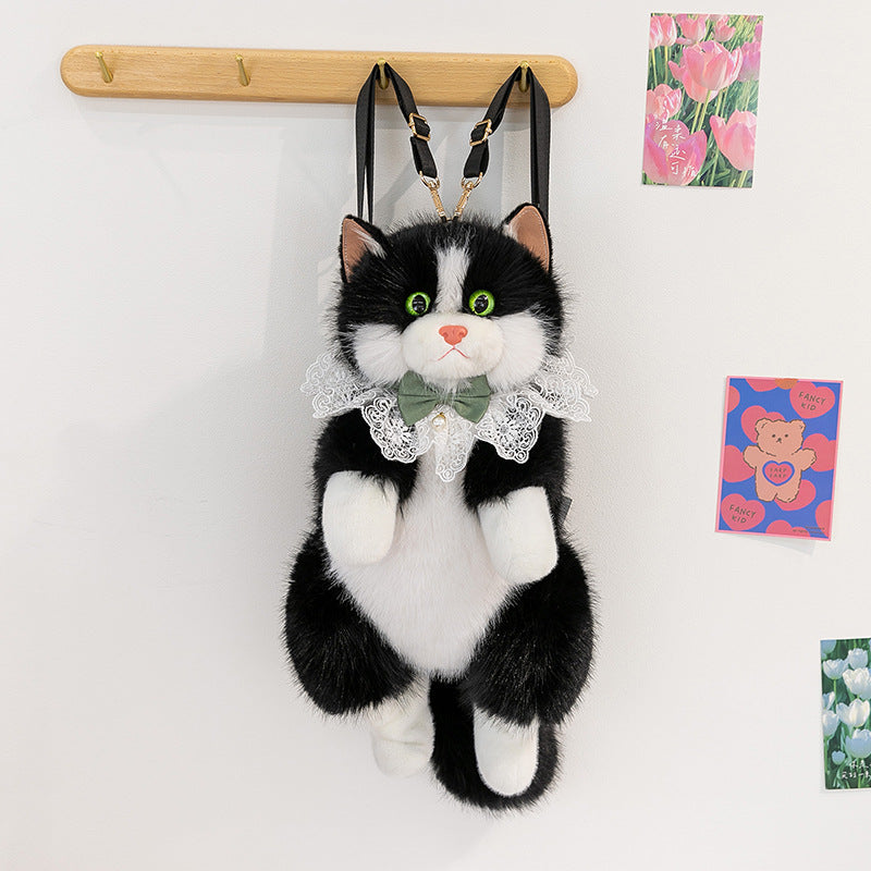 Black Adorable Plush Cat Backpack - Soft Furry Doll Bag with Zipper Compartment for Girls and Women