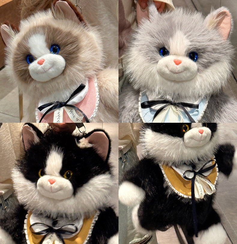 Black Adorable Plush Cat Backpack - Soft Furry Doll Bag with Zipper Compartment for Girls and Women