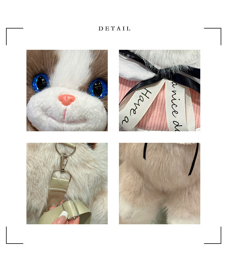 Black Adorable Plush Cat Backpack - Soft Furry Doll Bag with Zipper Compartment for Girls and Women