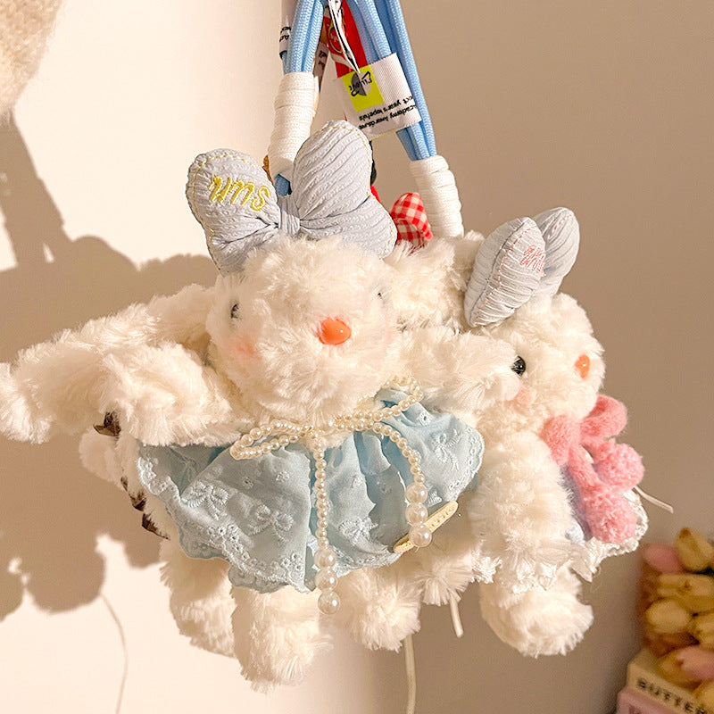 Pink Cute Floppy Eared Bunny Plush Doll with Pearl Necklace and Ribbon Dress - Adorable Keychain or Bag Charm for Girls(F-4975)