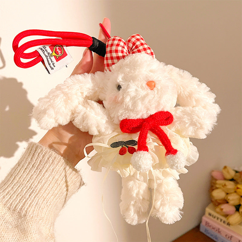 Red Cute Floppy Eared Bunny Plush Doll with Pearl Necklace and Ribbon Dress - Adorable Keychain or Bag Charm for Girls(F-4977)