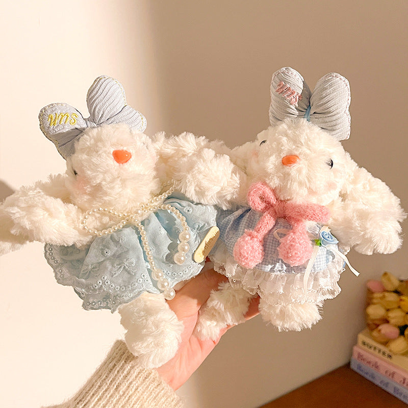 Red Cute Floppy Eared Bunny Plush Doll with Pearl Necklace and Ribbon Dress - Adorable Keychain or Bag Charm for Girls(F-4977)