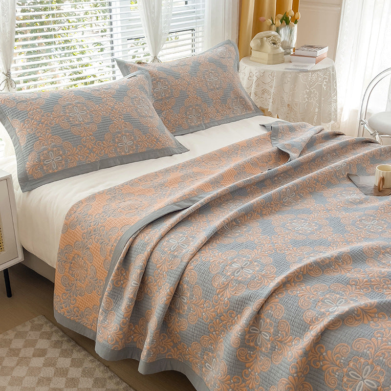 Grey and Orange Cotton Three-Layer Gauze Bed Cover Set - Reversible Vintage Printed Blanket with Two Pillowcases for Year-Round Use(200*230cm)