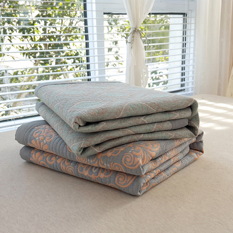 Grey and Green Cotton Three-Layer Gauze Bed Cover Set - Reversible Vintage Printed Blanket with Two Pillowcases for Year-Round Use(120*150cm)