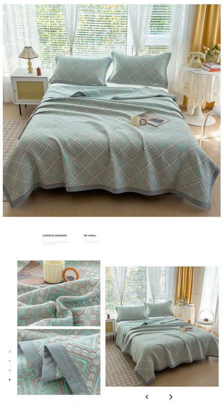 Grey and Green Cotton Three-Layer Gauze Bed Cover Set - Reversible Vintage Printed Blanket with Two Pillowcases for Year-Round Use(150*200cm)