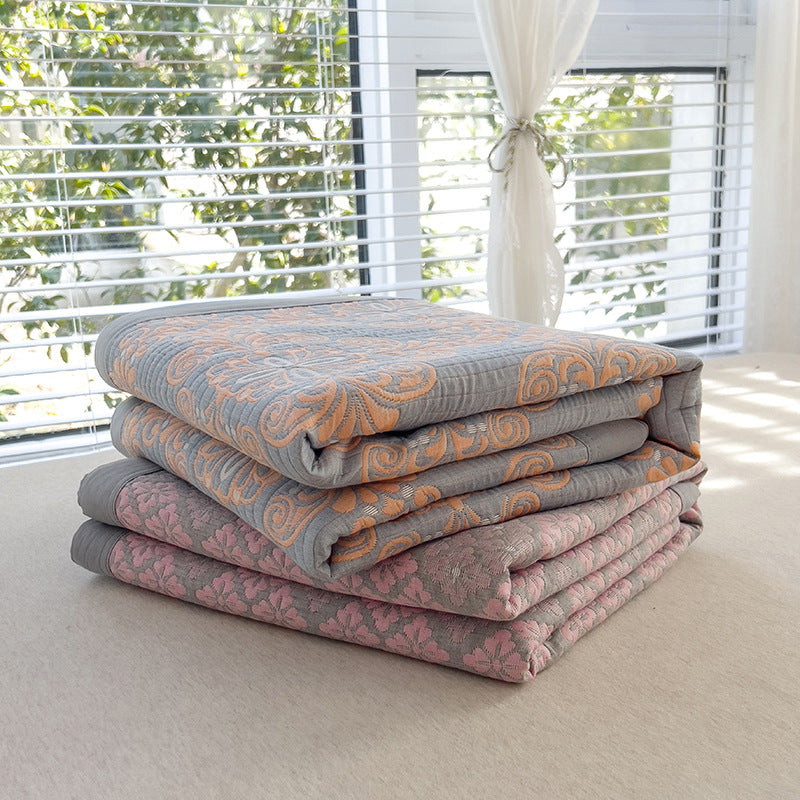 Grey and Pink Cotton Three-Layer Gauze Bed Cover Set - Reversible Vintage Printed Blanket with Two Pillowcases for Year-Round Use(120*150cm)