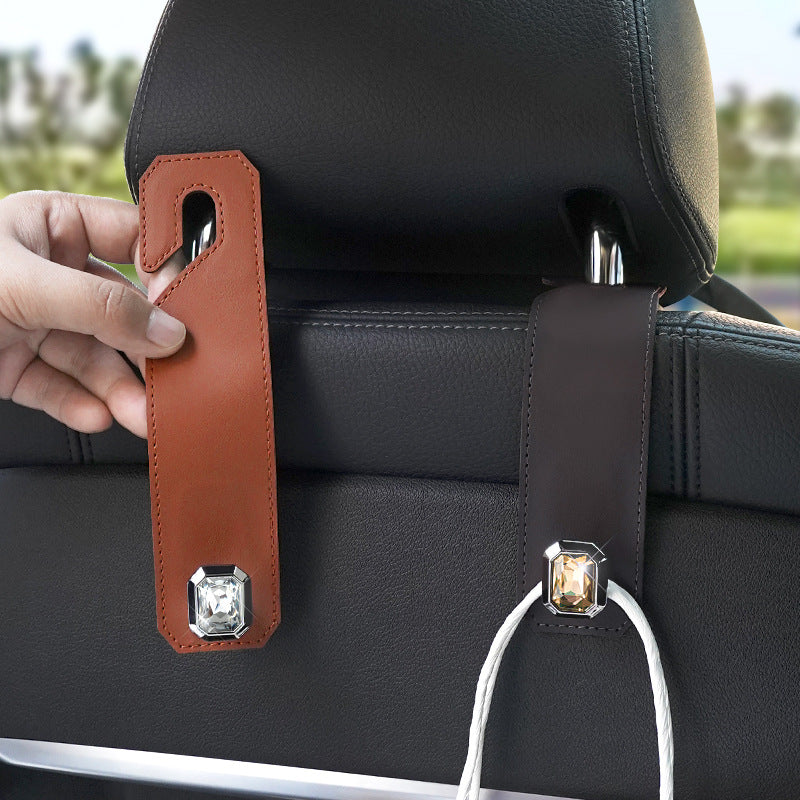 Brown Car Multi-Functional PU Leather Hook with Crystal Decoration – Hidden Storage Hook for Front and Rear Seats (Set of 2)