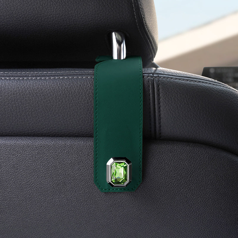 Green Car Multi-Functional PU Leather Hook with Crystal Decoration – Hidden Storage Hook for Front and Rear Seats (Set of 2)