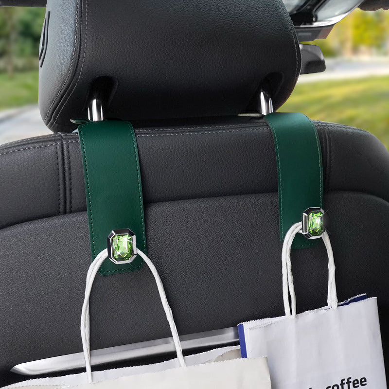 Green Car Multi-Functional PU Leather Hook with Crystal Decoration – Hidden Storage Hook for Front and Rear Seats (Set of 2)