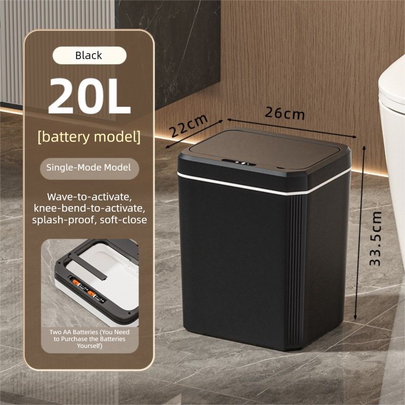 Black Smart Sensor Trash Can – 20L Capacity, Touch-Free Operation with Odor-Blocking &amp; Waterproof Design