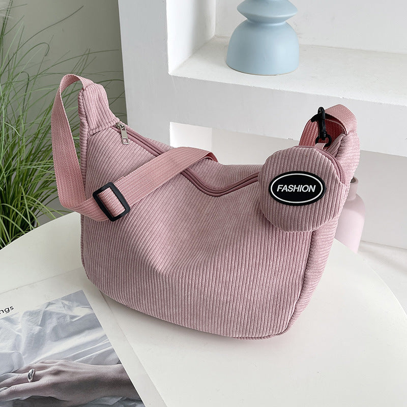 Pink Minimalist Corduroy Crossbody Bag – Large Capacity Single Shoulder &amp; Diagonal Sling Bag in Korean Style