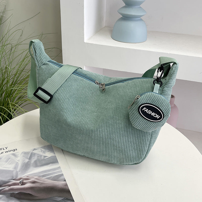 Green Minimalist Corduroy Crossbody Bag – Large Capacity Single Shoulder &amp; Diagonal Sling Bag in Korean Style