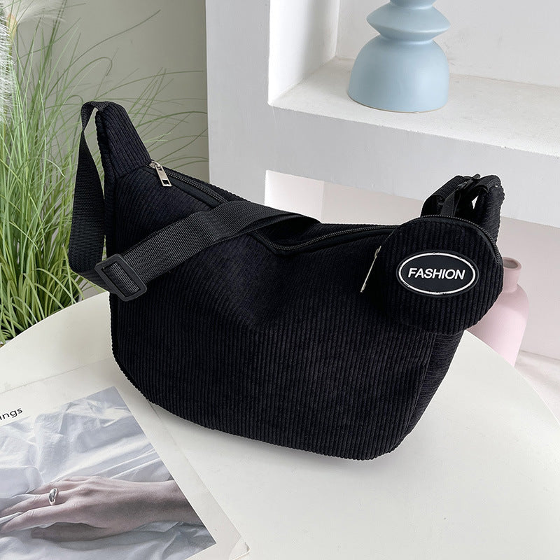 Black Minimalist Corduroy Crossbody Bag – Large Capacity Single Shoulder &amp; Diagonal Sling Bag in Korean Style