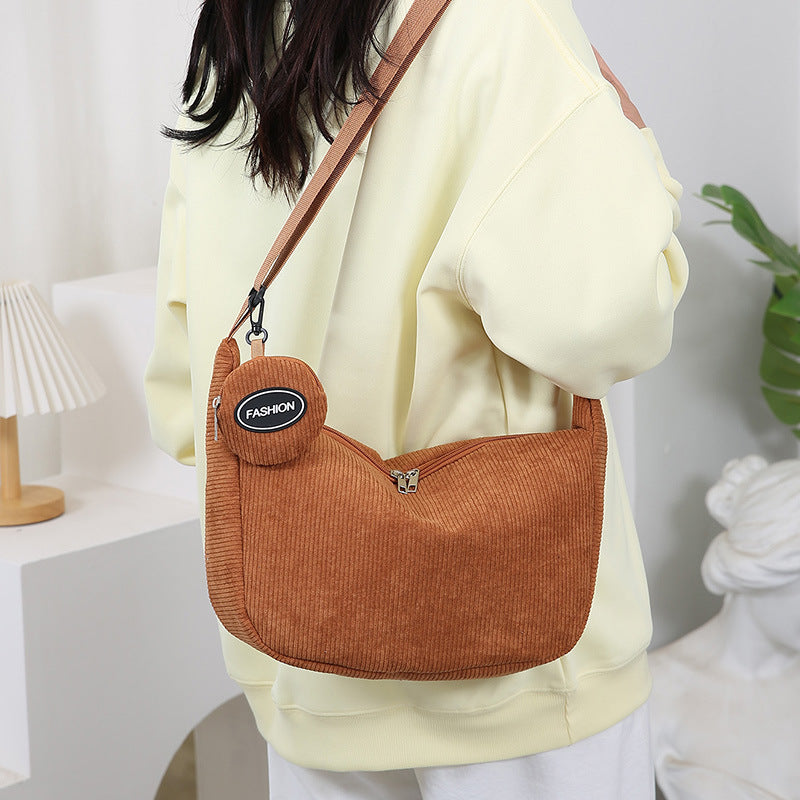 Brown Minimalist Corduroy Crossbody Bag – Large Capacity Single Shoulder & Diagonal Sling Bag in Korean Style