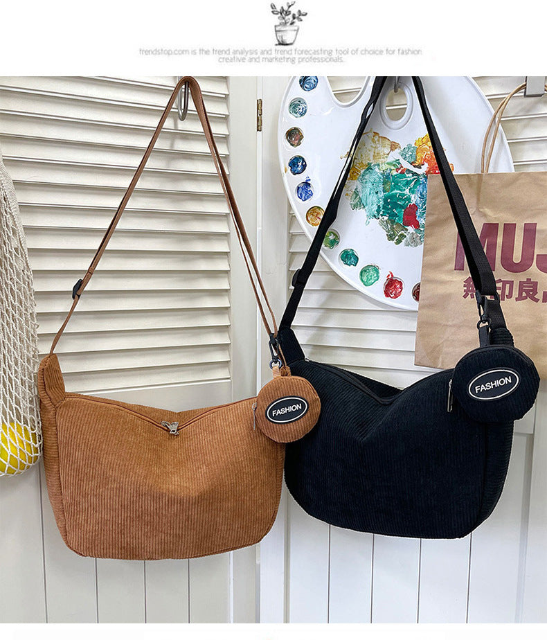 Brown Minimalist Corduroy Crossbody Bag – Large Capacity Single Shoulder & Diagonal Sling Bag in Korean Style