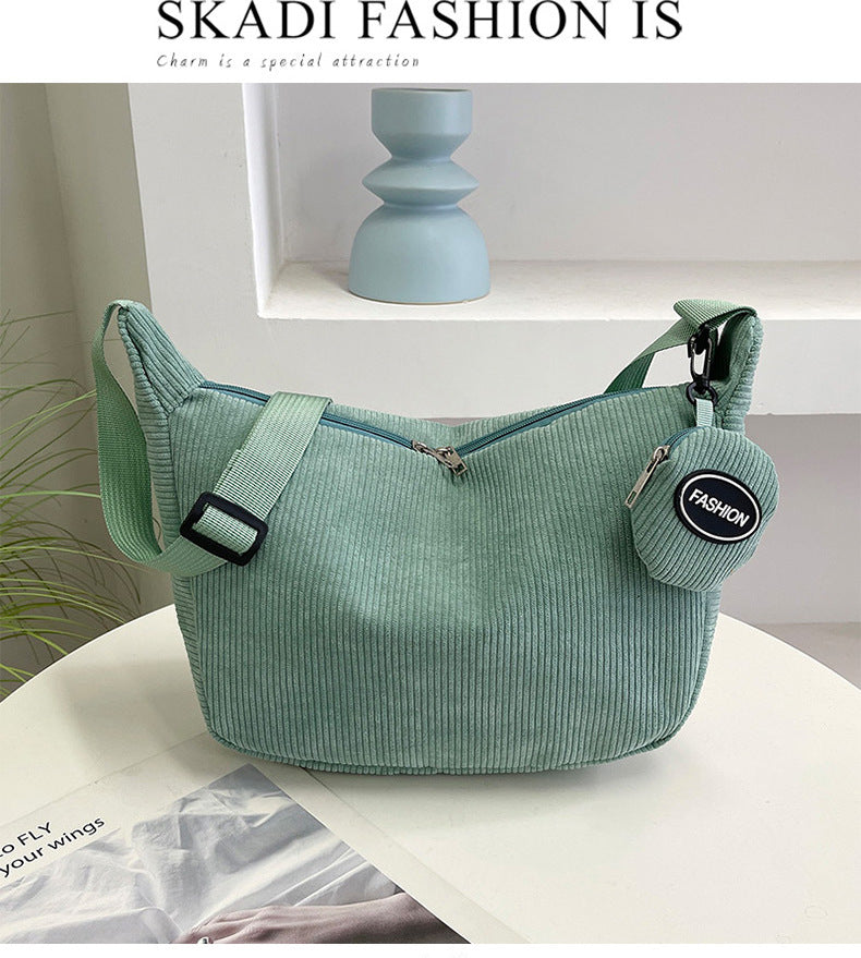 Brown Minimalist Corduroy Crossbody Bag – Large Capacity Single Shoulder & Diagonal Sling Bag in Korean Style