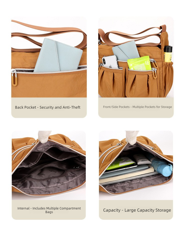 Brown Multi-Pocket Lightweight Nylon Crossbody Bag – Stylish, Functional, and Spacious Shoulder Bag for Women