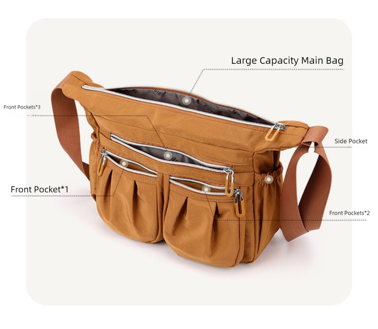 Grey Multi-Pocket Lightweight Nylon Crossbody Bag – Stylish, Functional, and Spacious Shoulder Bag for Women