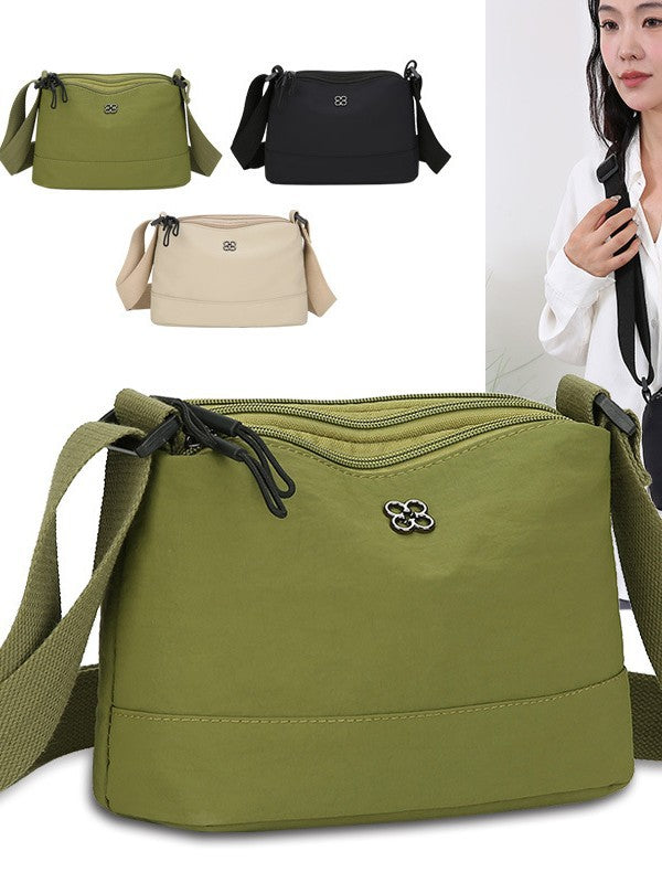Khaki Lightweight Multi-Layer Crossbody Bag for Women – Compact, Water-Resistant Nylon Shoulder Bag with Adjustable Strap