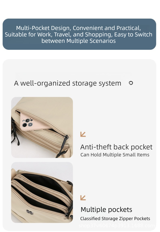 Green Lightweight Multi-Layer Crossbody Bag for Women – Compact, Water-Resistant Nylon Shoulder Bag with Adjustable Strap