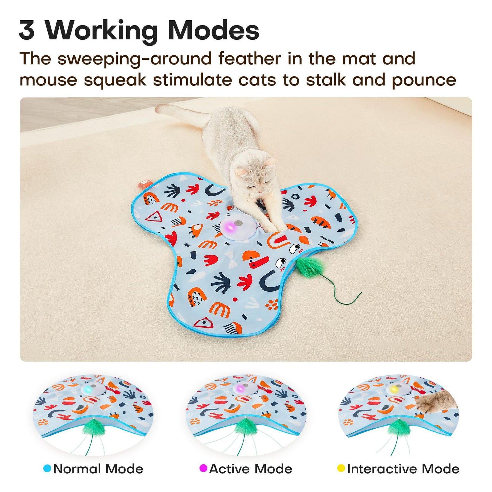Blue Interactive Cat Toys Rechargeable,Moving Concealed Feathers,Real Mouse Squeaky,Touch Activated Cat Kitten Toy Exercise Toys for Indoor Bored Adult Cats