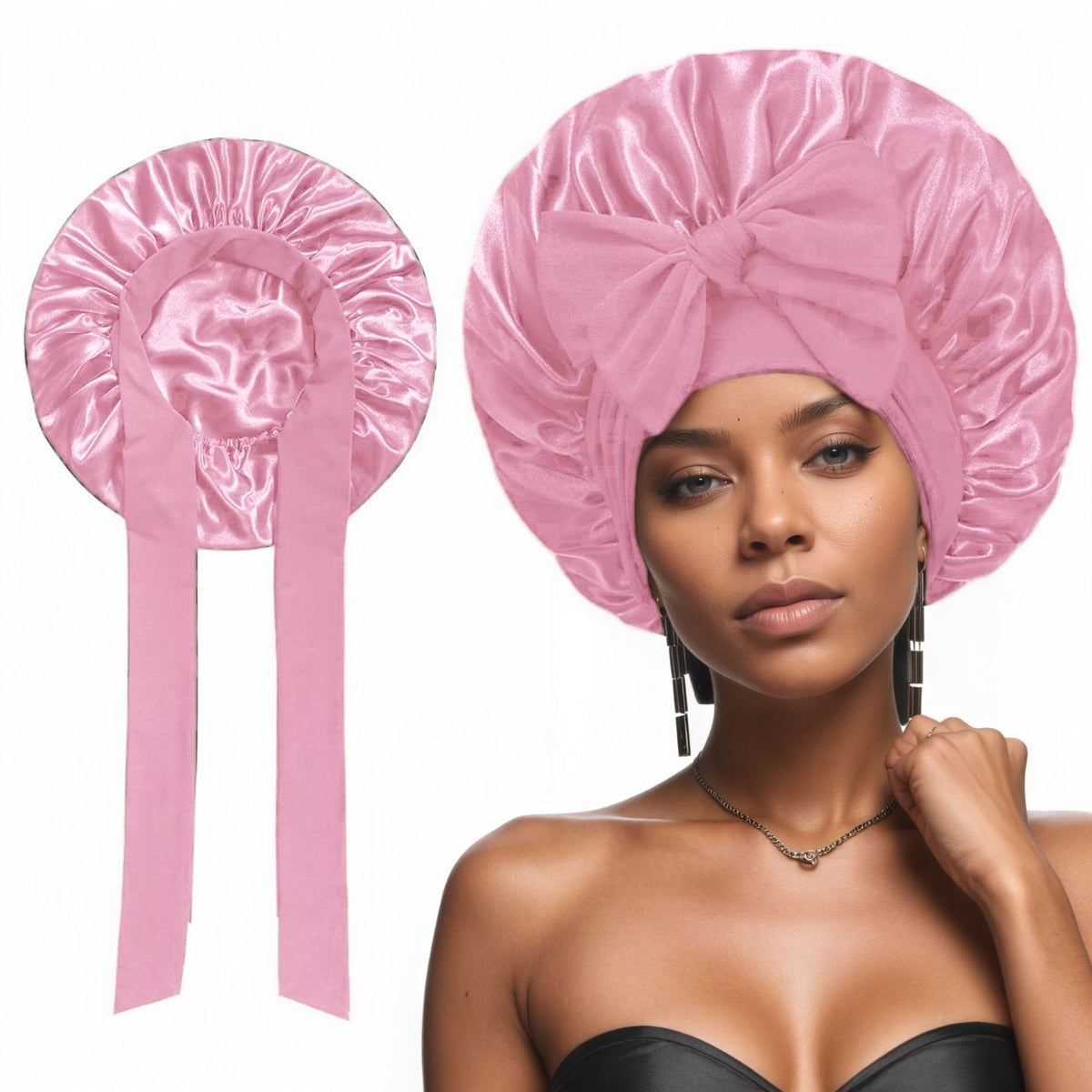 2 Pcs Pink Double-Layer Satin Hair Cap with Ribbon Bow – Premium Silk-Like Beauty &amp; Hair Protection Hat