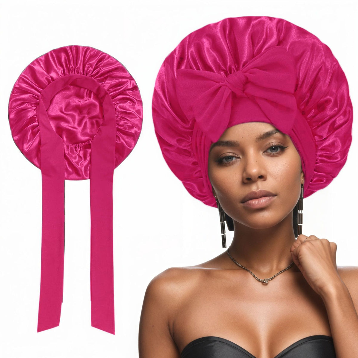 2 Pcs Dark Pink Double-Layer Satin Hair Cap with Ribbon Bow – Premium Silk-Like Beauty &amp; Hair Protection Hat