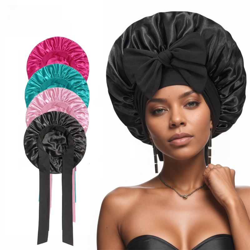 2 Pcs Dark Pink Double-Layer Satin Hair Cap with Ribbon Bow – Premium Silk-Like Beauty & Hair Protection Hat