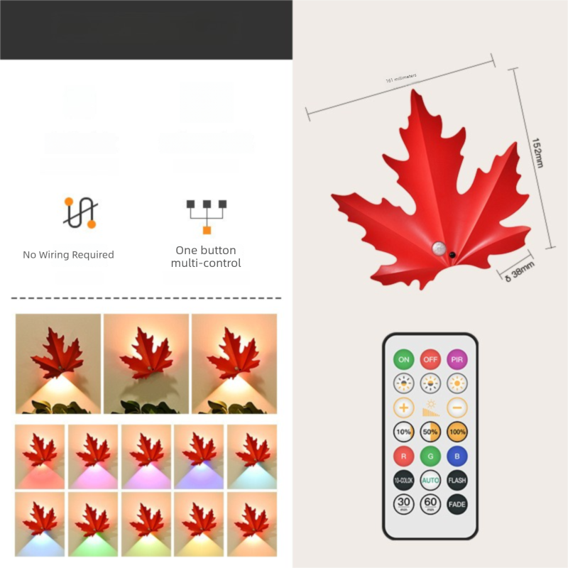 2 Pcs Maple Leaf Smart LED Night Light – Battery-Powered Motion Sensor with Remote Control &amp; Color Changing