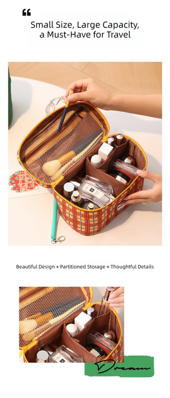 Orange plaid Portable Makeup Bag – Large Capacity, Multi-Compartment Cosmetic Organizer for Women (22×13×15cm)