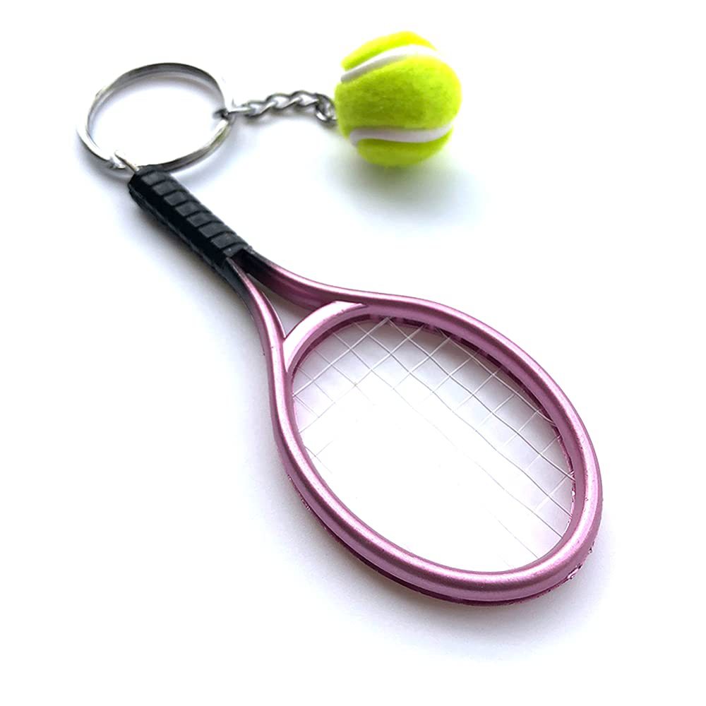 Pink Simulation Tennis Racket Keychain – Mini Tennis Racket and Ball Pendant, 3-Pack