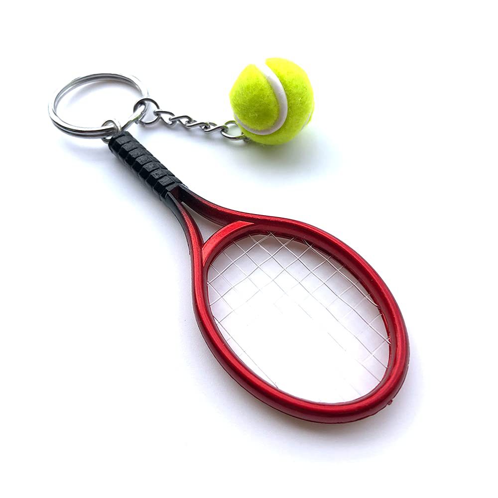 Red Simulation Tennis Racket Keychain – Mini Tennis Racket and Ball Pendant, 3-Pack