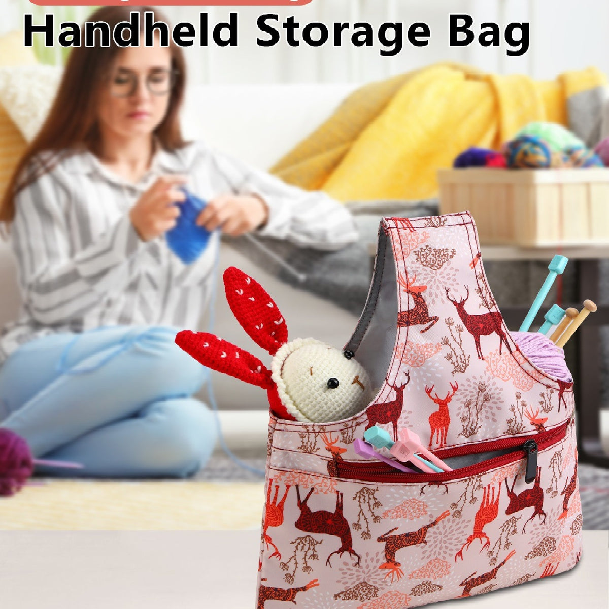 Pink Knitting Storage Tote Bag – Deer Pattern Craft Organizer with Zippered Pockets