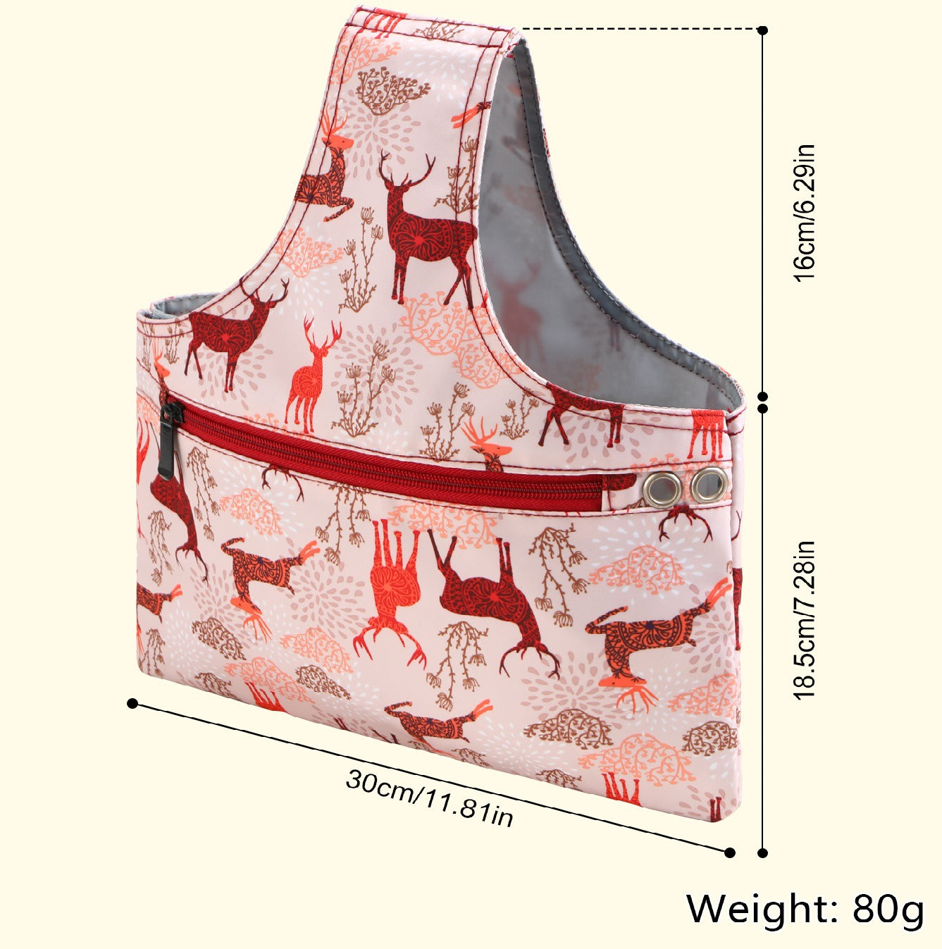 Pink Knitting Storage Tote Bag – Deer Pattern Craft Organizer with Zippered Pockets