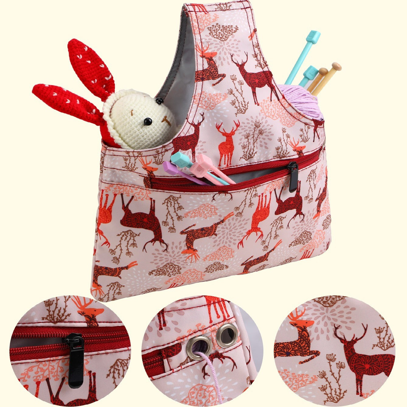 Pink Knitting Storage Tote Bag – Deer Pattern Craft Organizer with Zippered Pockets