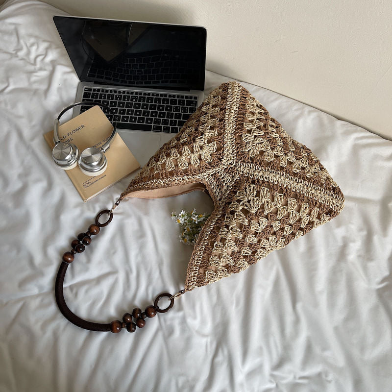 Beige and Brown Stylish Hand-Woven Paper Rope Bag – Boho Crochet Tote for Summer &amp; Travel
