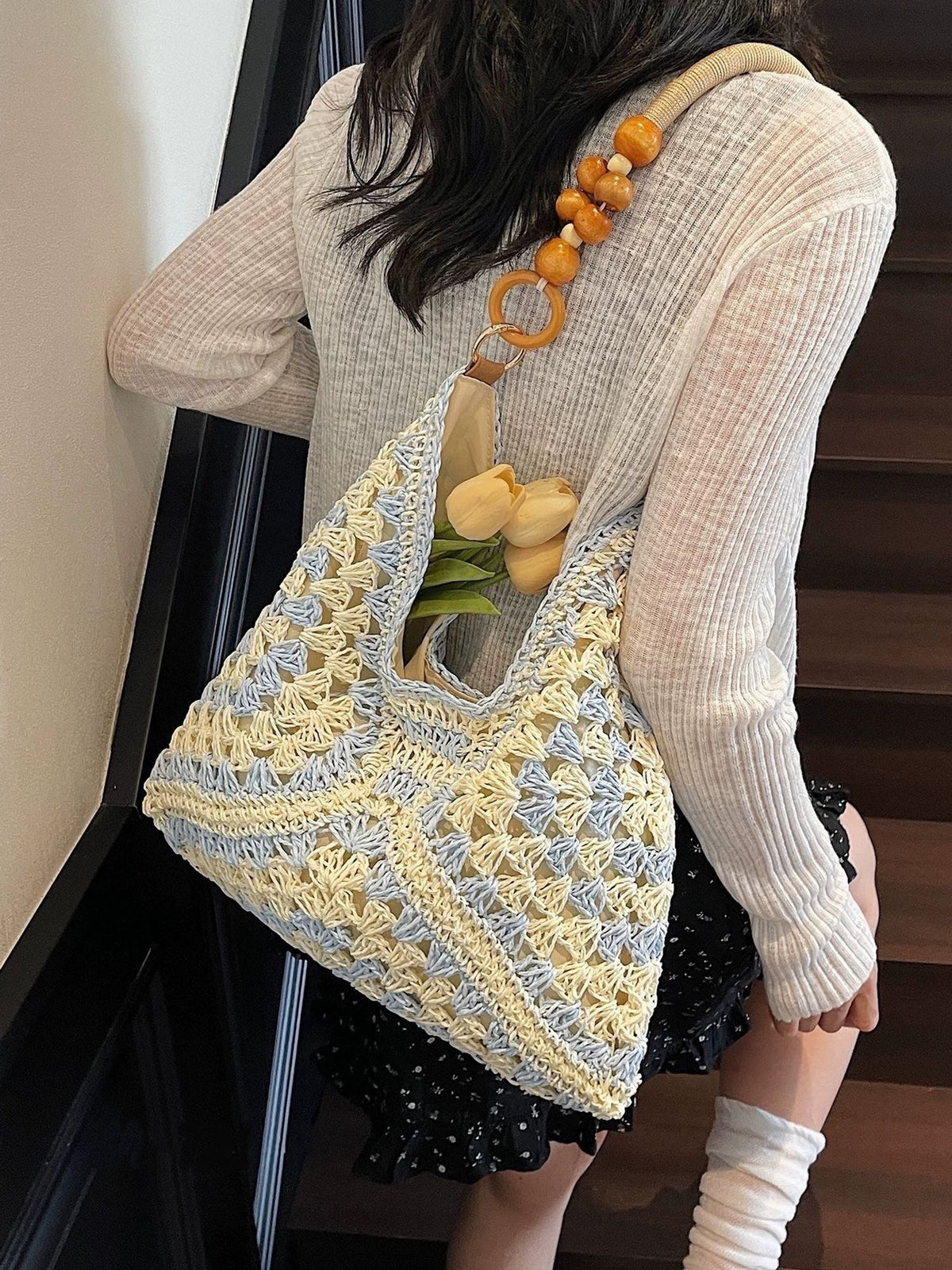Beige and Blue Stylish Hand-Woven Paper Rope Bag – Boho Crochet Tote for Summer &amp; Travel