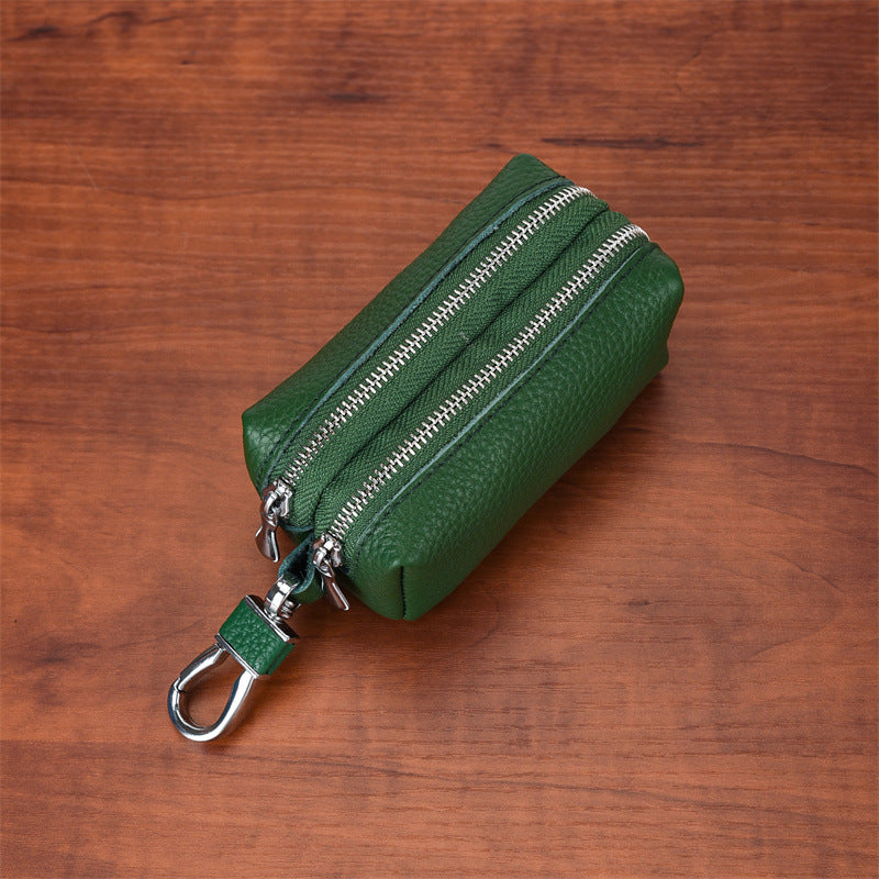 Green High-Quality Genuine Leather Key Case – Double-Layer Zippered Organizer for Keys, Cards &amp; Coins