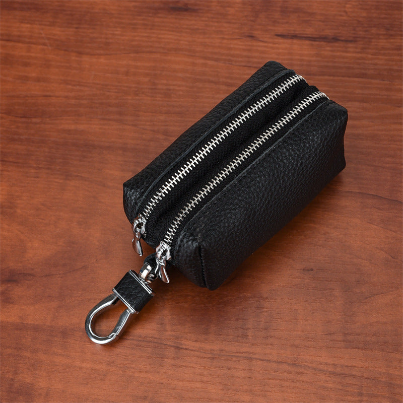 Black High-Quality Genuine Leather Key Case – Double-Layer Zippered Organizer for Keys, Cards & Coins