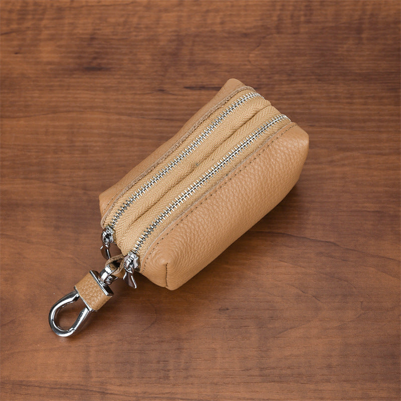 Khaki High-Quality Genuine Leather Key Case – Double-Layer Zippered Organizer for Keys, Cards &amp; Coins