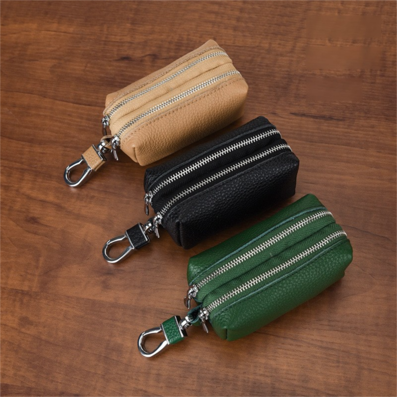 Khaki High-Quality Genuine Leather Key Case – Double-Layer Zippered Organizer for Keys, Cards & Coins
