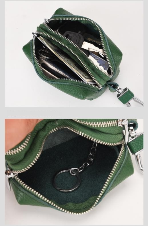 Khaki High-Quality Genuine Leather Key Case – Double-Layer Zippered Organizer for Keys, Cards & Coins